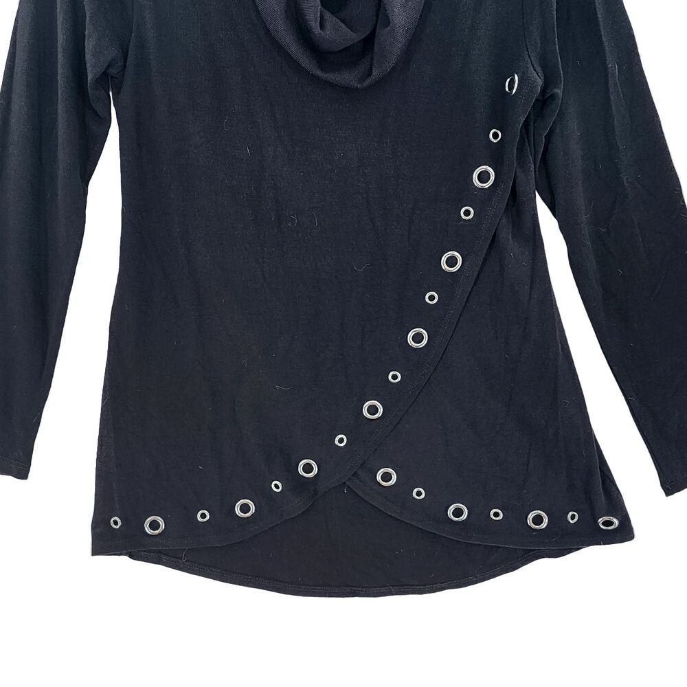 Belldini Women's Tunic Sweater Cowl Neck Top Black Turtleneck Grommet Medium - Picture 3 of 9